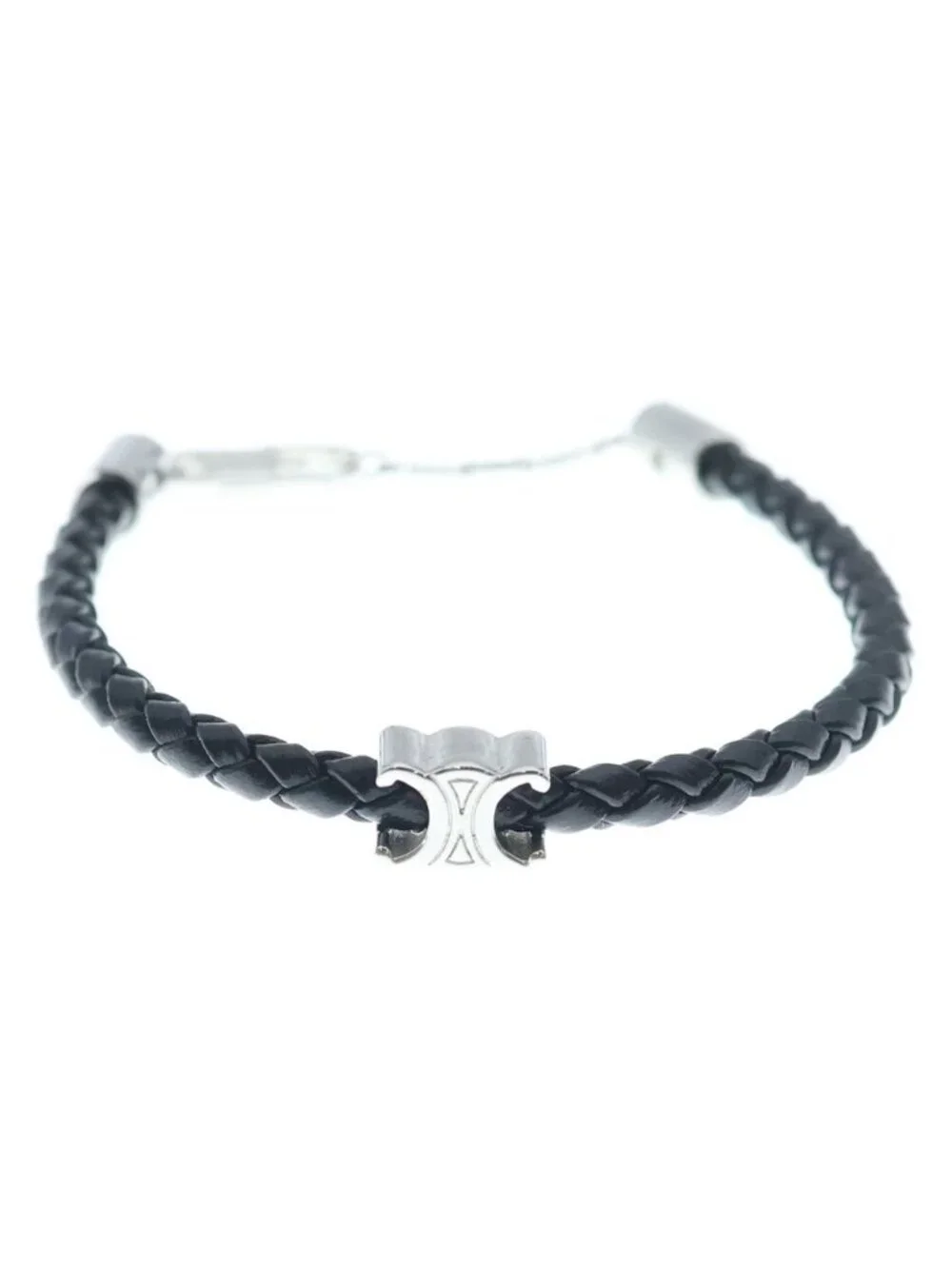 Celine Triomphe Leather Beach Bra Bangle Silver Black Bracelet